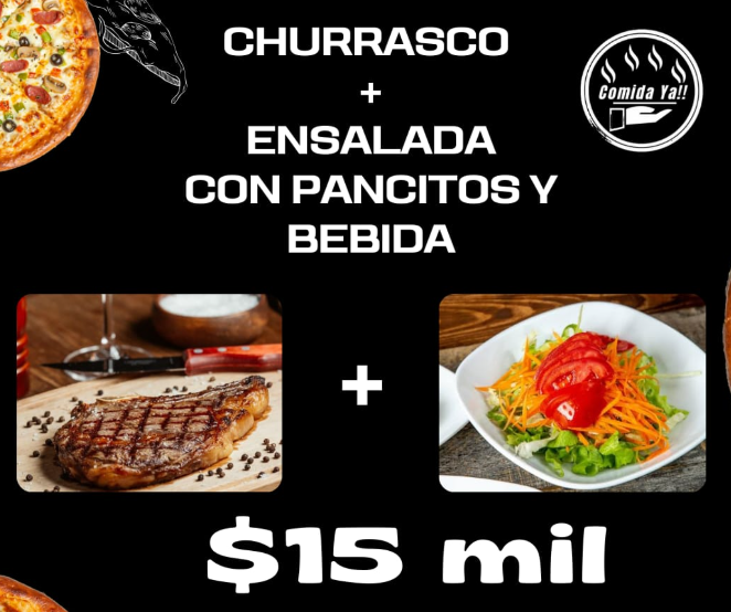 CHURRASCO + ENSALADA CON PANCITOS Y BEBIDA
